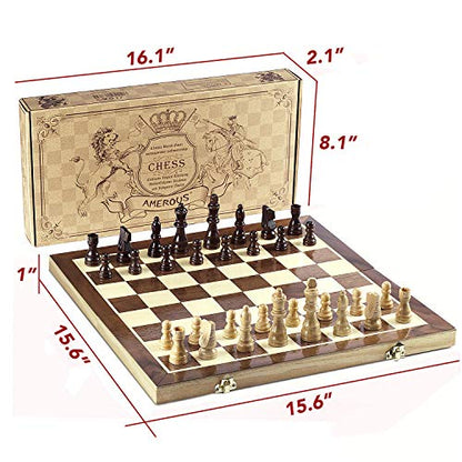 Chess Set 15"x15" Folding Magnetic Wooden Standard Chess Game Board Set with Wooden Crafted Pieces and Chessmen Storage Slots