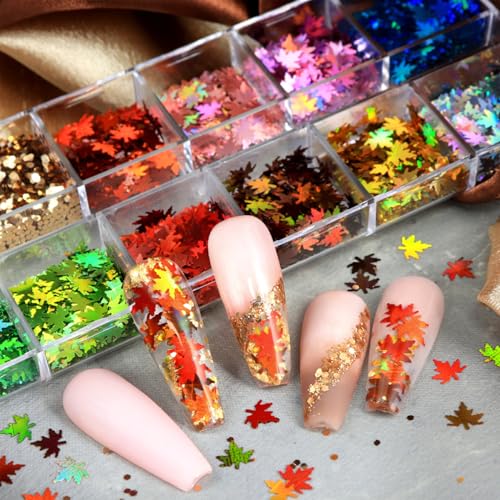 Thanksgiving Glitters Nails Sequins Fall Nail Glitter Sequins Autumn Maple Leaf Flakes Design Nails Charms Holographic Mixed Color 3D Confetti Maple Leaves Nails Glitter for Women (2 Ounce)