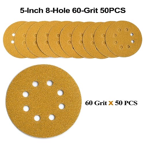 5-Inch 8-Hole Hook and Loop Sanding Discs 60-Grit, 50-Pack (50 Count)