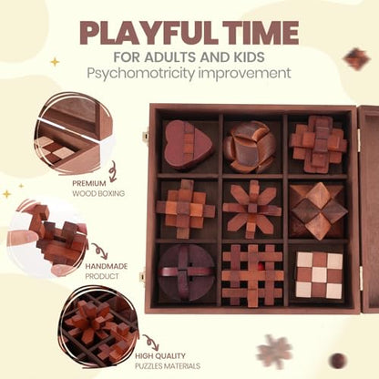 Wooden Brain Teaser Puzzles for Adults Teens (9 Count)