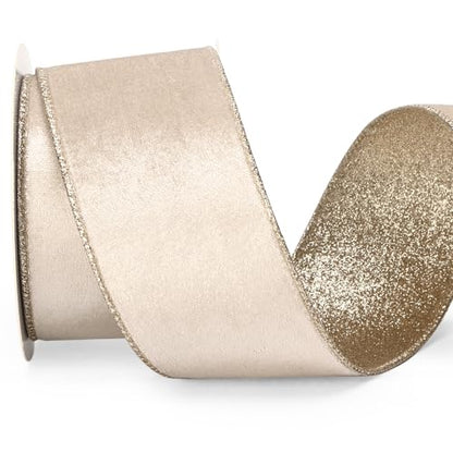 Light Champagne Velvet Wired Ribbon 2.5 Inch Ivory Velvet with Champagne Glitter Christmas Ribbon for Christmas Tree Decoration Big Bow Gift Wrapping Crafts Wreaths Supplies (30 Foot)