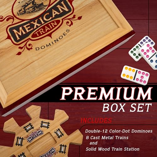 Mexican Train Domino Set in Wooden Collector Box from Front Porch Classics for 2 to 8 Players Ages 8 and Up