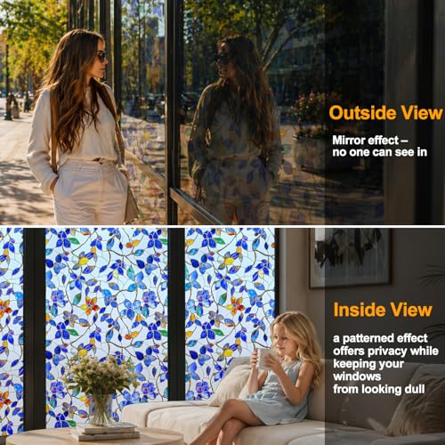 Privacy Window Film Upgraded 24H Day & Night Privacy Heat Insulation Static Cling Decorative Glass Film（Upgraded UV Purple