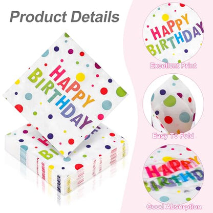 48 Pieces Happy Birthday Paper Napkins Disposable Rainbow Napkins Colorful Cocktail Dinner Napkin Set 13" x 13" Unfolded Tableware Napkin for Rainbow Party Supplies Birthday Party Decoration (48 Count)