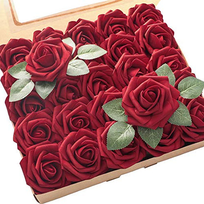 Artificial Flowers 25pcs Real Looking Dark Red Foam Fake Roses with Stems for DIY Wedding Bouquets Bridal Shower Centerpieces Party Decorations (25 Count)