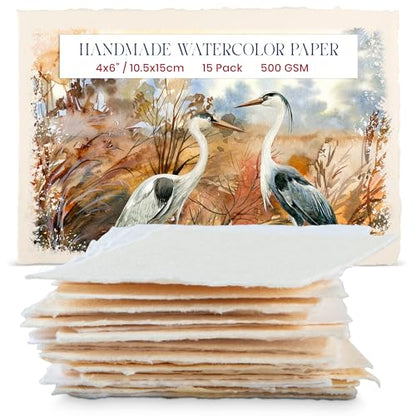 Thick Handmade Watercolor Paper with Deckled Edge (15 Count)
