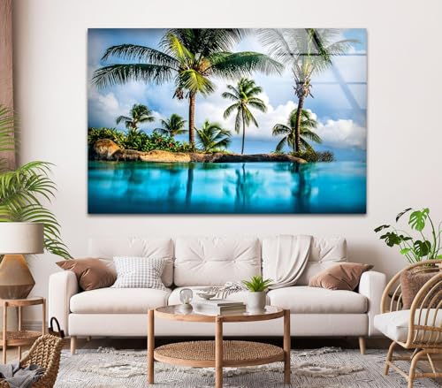12Wx10H'' Island & Blue Sea Glass Wall ArtTempered Glass Printing Wall Decor Large Wall Art Wall Hangings