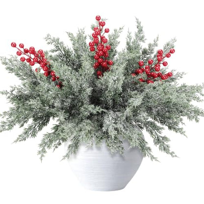 12 Pcs 16.5" Artificial Christmas Snow Pine Branches with Red Berry Stems (12 Count)