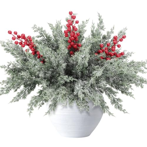 12 Pcs 16.5" Artificial Christmas Snow Pine Branches with Red Berry Stems (12 Count)