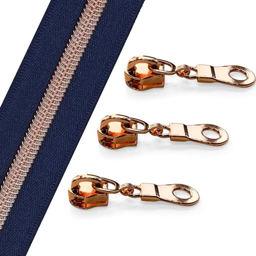 The Yards 10 Yards Bulk Navy Blue Nylon Coil Zipper with Rose Gold Teeth