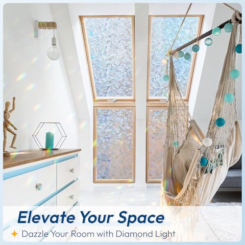 Rainbow Window Privacy Film Decorative Stained Glass Diamond Pattern Window Sticker with Iridescent Tint Non (12.92 Sq Ft)