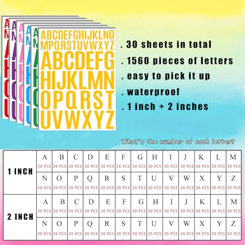 Letter Stickers 1560 Pieces 30 Sheets Stick on Vinyl Letters Capital Alphabet Sticker Letter for Craft Bulletin Boards Classroom Home Business Decor (1560 Count)