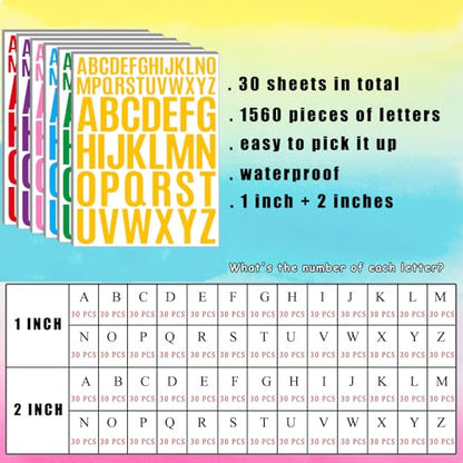 Letter Stickers 1560 Pieces 30 Sheets Stick on Vinyl Letters Capital Alphabet Sticker Letter for Craft Bulletin Boards Classroom Home Business Decor (1560 Count)