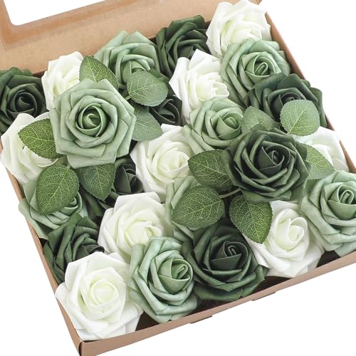 Artificial Flowers 25pcs Real Looking Sage Green & Emerald Green Foam Fake Roses with Stems for DIY Wedding Bouquets Bridal Shower Centerpieces Floral Arrangements Party Tables Decorations (25 Count)