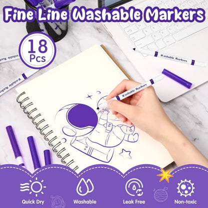 18 Pcs Line Washable Markers Purple Fine Tip Markers for Kid (18 Count)
