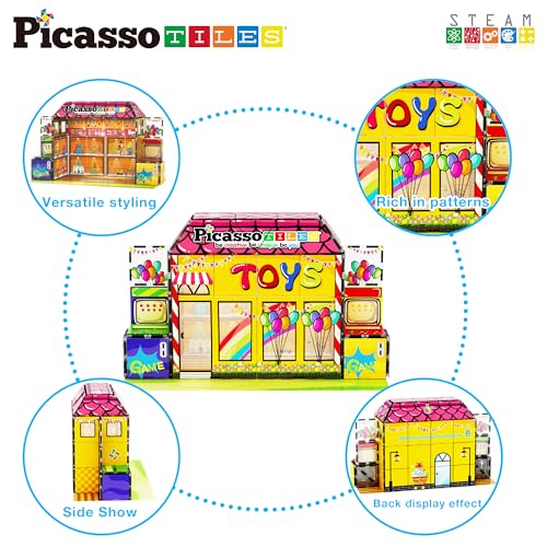 60pc Magnetic Building Block Magnet Tile Toy Shop Theme Pretend Play Construction Kit Reconfigurable Printed Structure Double (7 Count)