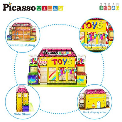 60pc Magnetic Building Block Magnet Tile Toy Shop Theme Pretend Play Construction Kit Reconfigurable Printed Structure Double (7 Count)