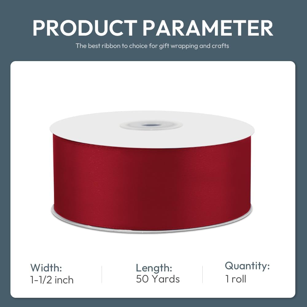 KMER LIFE 1-1/2" Wide x 50 Yards Wine Red Single Faced Polyester Satin Ribbon, Wine Red Satin Ribbon Perfect for Wedding Decor, Wreath, Crafts, Gift Wrapping & Other Projects (Wine Red) - Crafty Corner