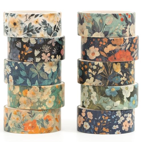 10 Rolls Blooming Flowers Washi Tape Set Floral Arts Adhesive Tapes Colorful Garden Decorative Masking Tape Sets for Craft (10 Count)