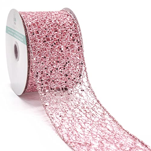 Sparkling Glitter Mesh Wired Ribbon 2.5" x 10 Yards Rose Gold for Christmas Home Decor Bow Gift Wrapping DIY Crafts Wreath (30 Foot)