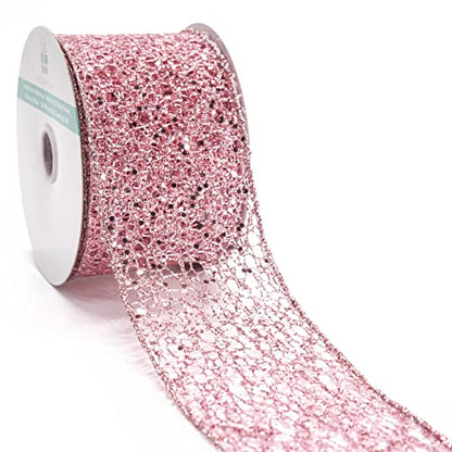 Sparkling Glitter Mesh Wired Ribbon 2.5" x 10 Yards Rose Gold for Christmas Home Decor Bow Gift Wrapping DIY Crafts Wreath (30 Foot)