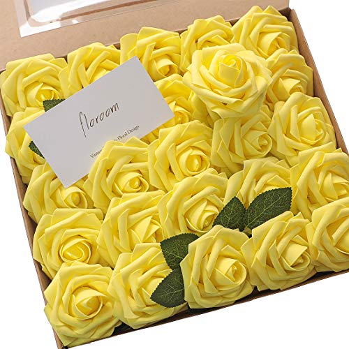 Artificial Flowers 25pcs Real Looking Canary Yellow Foam Fake Roses with Stems for DIY Wedding Bouquets Baby Shower Centerpieces Floral Arrangements Party Tables Home Decorations (25 Count)