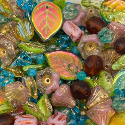 1.4oz (40g) Limited Mix of Czech Glass Beads, Hand Made Set Kit, Apple Leaf Beads Bell Flower Blue Beads and Pink Tulip Beads