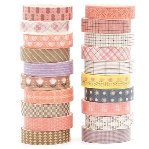 20 Rolls Basic Washi Tape Set Japanese Arts Adhesive Tapes Simple Patterns Decorative Masking Tape Sets for Craft (20 Count)
