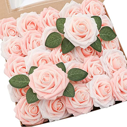 Artificial Flowers 50pcs Real Looking Blush Shades Foam Fake Roses with Stems for DIY Wedding Bouquets Bridal Shower Pink Centerpieces Floral Arrangements Party Tables Home Decorations (50 Count)