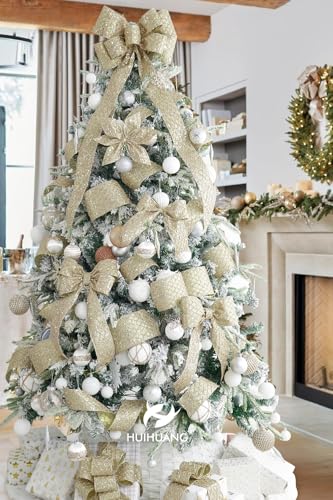 Glitter Champagne Gold Wired Christmas Ribbon 4 inch x 10 Yards (30 Foot)
