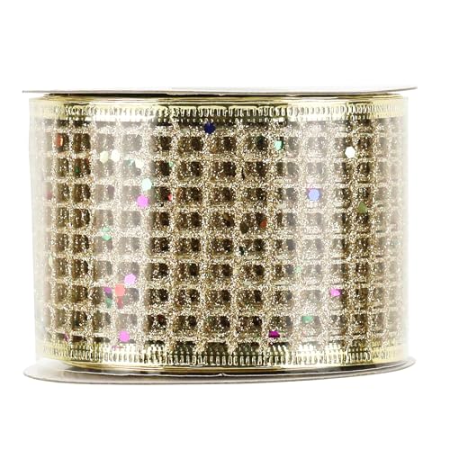 Champagne Gold Glitter Christmas Ribbon 2.5 Inch Square Mesh Net Wired Ribbons with Rainbow Sparkle Champagne Ribbon for Christmas Tree Decoration (30 Foot)