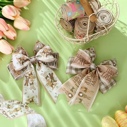 12 Rolls Easter Bunny Wired Edge Ribbon for Wreaths 2 Inch x 60 Yards Happy Easter Floral Bunny Print Grosgrain Ribbon for Bow Gift Bow Crafts Party Supplies 12 Styles (12 Count)