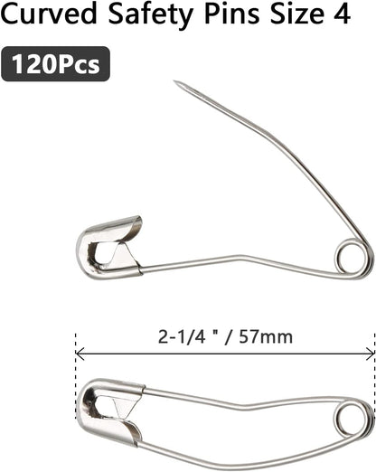 120Pcs Curved Safety Pins Size 4, 2-1/4 inch / 57mm Quilting Basting Pins, Bent Safety Pins for Quilting and Knitting (Sliver)