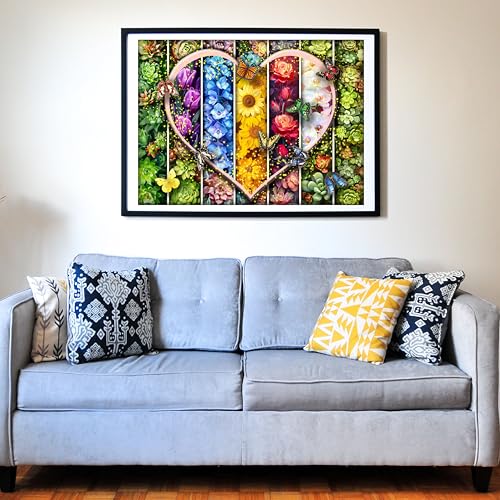 Colorful Flowers Succulents & Butterflies 500 Pieces Very Large Pieces Jigsaw Puzzle for 13+ Adults & Seniors. Beautiful Vibrant Heart Valentine's Day Illustration 26.8” X 18.9”