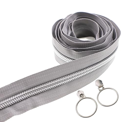5 Silver Metallic Nylon Coil Zippers by the Yard Bulk 10 Yards Gray Zipper Tape with 25pcs Silver Ring Pull Zipper Sliders for DIY Sewing Tailor Craft Bag