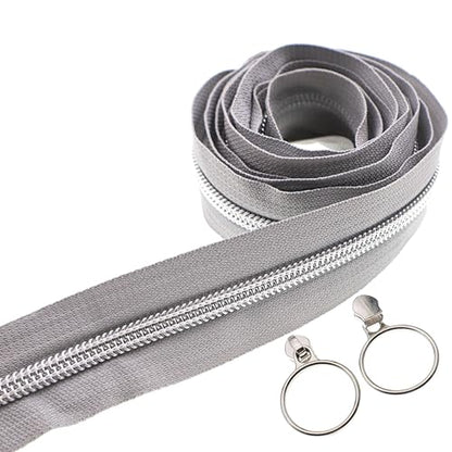 5 Silver Metallic Nylon Coil Zippers by the Yard Bulk 10 Yards Gray Zipper Tape with 25pcs Silver Ring Pull Zipper Sliders for DIY Sewing Tailor Craft Bag