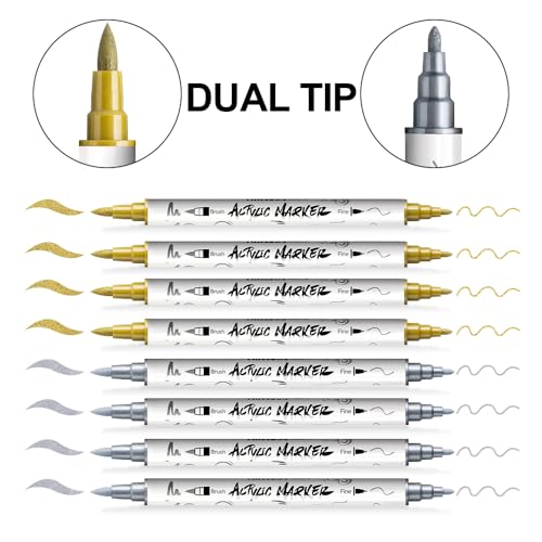 4 Gold and 4 Silver Paint Markers Brush and Fine Dual (8 Count)