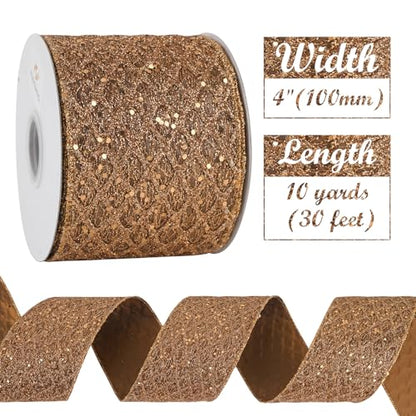 4 inch Copper Glitter Wired Christmas Ribbon 10 Yards (30 Foot)
