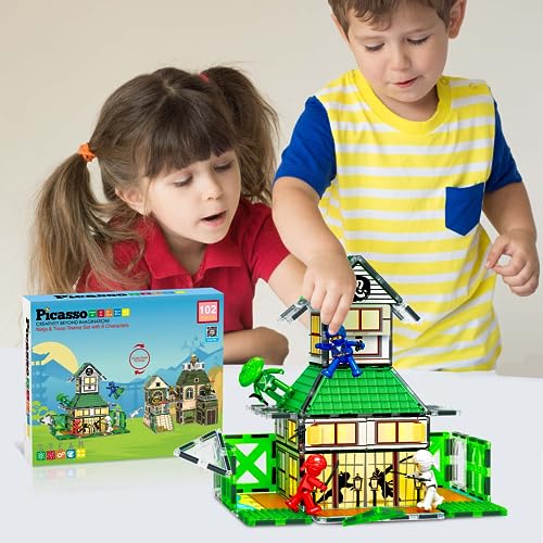 102pc Magnet Tile Building Block Ninja & Troop Theme Double Sided Printings 2in1 with 8 Character Figures Magnetic Tiles Construction Playset Fine Motor Skill STEM Educational Age3+ PTQ02 (3 Count)