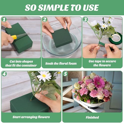 12 Pieces Floral Foam Blocks with 3 Rolls Floral Tape 5.5''L x 3.1''W x 1.8''H Green Square Flower Foams Flower Arrangements Supplies for Dry & Wet Flower Wedding Home Decor and DIY Crafts