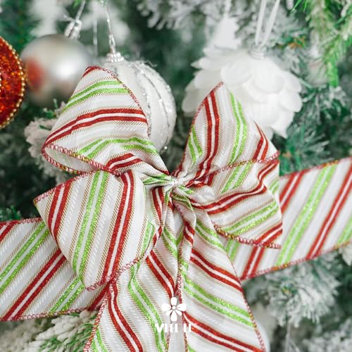 Red and Green Diagonal Striped Ribbon 2.5 Inch White Satin with Lime Green and Red Glitter Wired Ribbon for Christmas Tree (30 Foot)