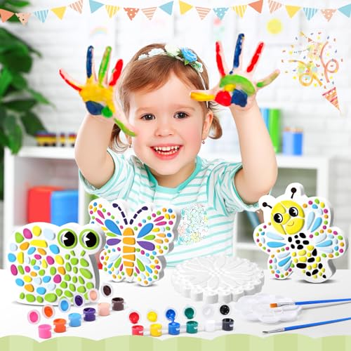 6 Pack Stepping Stone Ceramic Kit for Kids Paint Your Own Plaster Stones Arts and Crafts Handprint Garden and Summer DIY Craft Pottery Outdoor Painting Gifts for Kids Ages 4