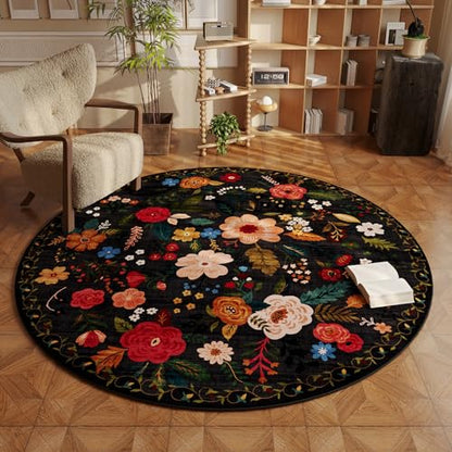Round Rug 4ft Washable Circle Rug Non Slip Low Pile Boho Floral Small Circular Rug for Bedroom