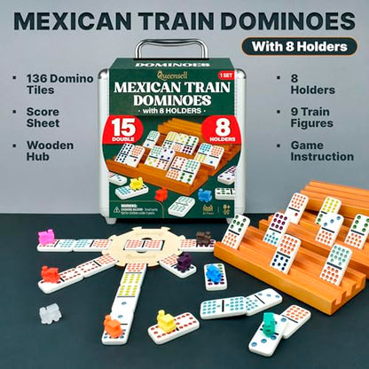 Mexican Train Dominoes Set Double 15 with 8 Holders