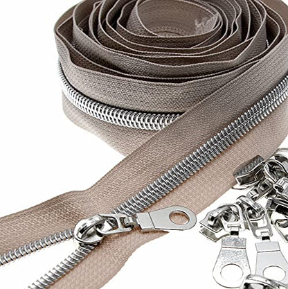 5 Silver Teeth Metallic Nylon Coil Zippers by The Yard Bulk 10 Yards Beige Zipper Tape with 25pcs Silver Sliders for DIY Sewing Tailor Craft Bag Luggage Sofa Zipper