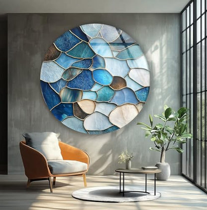 31.5''(80cm) Diameter Coastal Blue Stone Mosaic Round Glass Wall Art Tempered Glass Printing Wall Decor Large Wall Art Wall Hangings