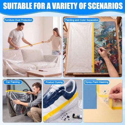 3 Roll Painters Plastic with Tape Pre Taped Masking Film for Painting Automotive Paint Adhesive Protective Film Masking Tape Roll Plastic Painting Covering