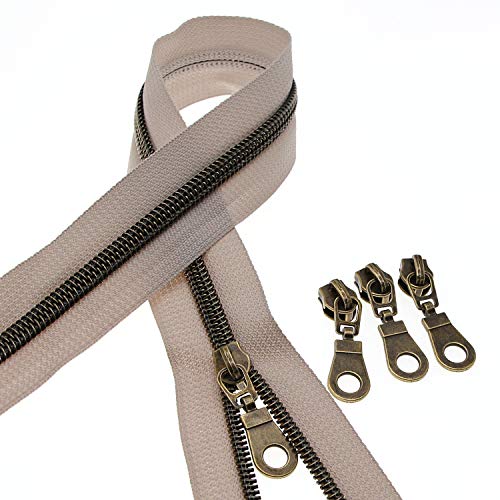 5 Beige Zipper Tape Antique Brass Teeth Metallic Nylon Coil Zipper by The Yard Bulk 10 Yards with 25pcs Brass Sliders Long Zippers for DIY Sewing Tailor Craft Bag