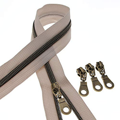 5 Beige Zipper Tape Antique Brass Teeth Metallic Nylon Coil Zipper by The Yard Bulk 10 Yards with 25pcs Brass Sliders Long Zippers for DIY Sewing Tailor Craft Bag