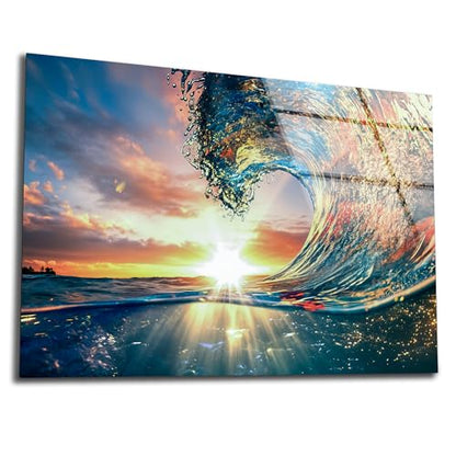 Shining Sun and Waves Printed Tempered Glass Wall Art Painting for Living Room